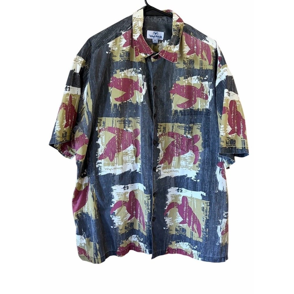 Wyland Hawaii Men's Vintage Aloha Shirt Sea Turtle Honu Red Black 90s 2XL lole